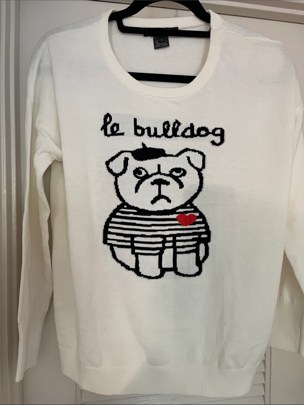 French Connection White Dog Sweater with Black Bulldog Graphic and Red Heart